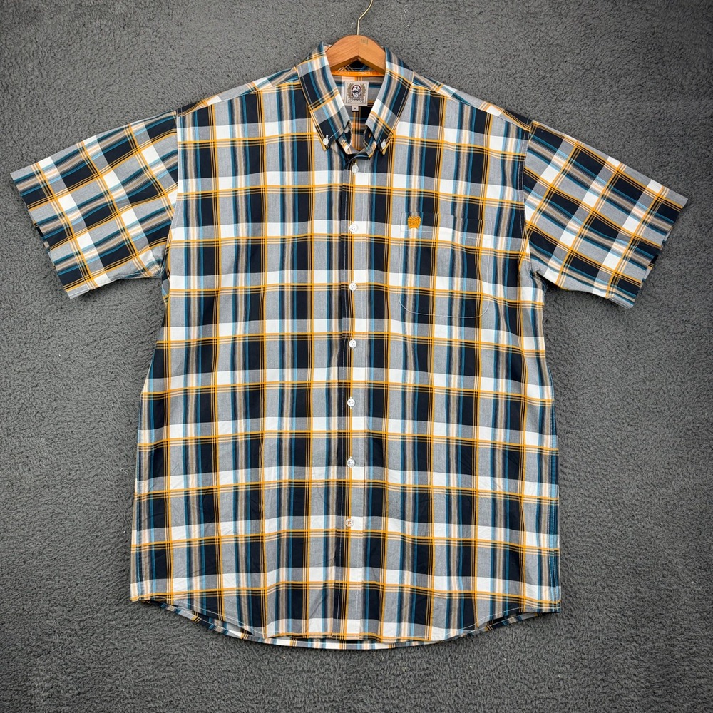 Cinch Mens Medium Short Sleeve Button Down Shirt Plaid Blue Yellow White